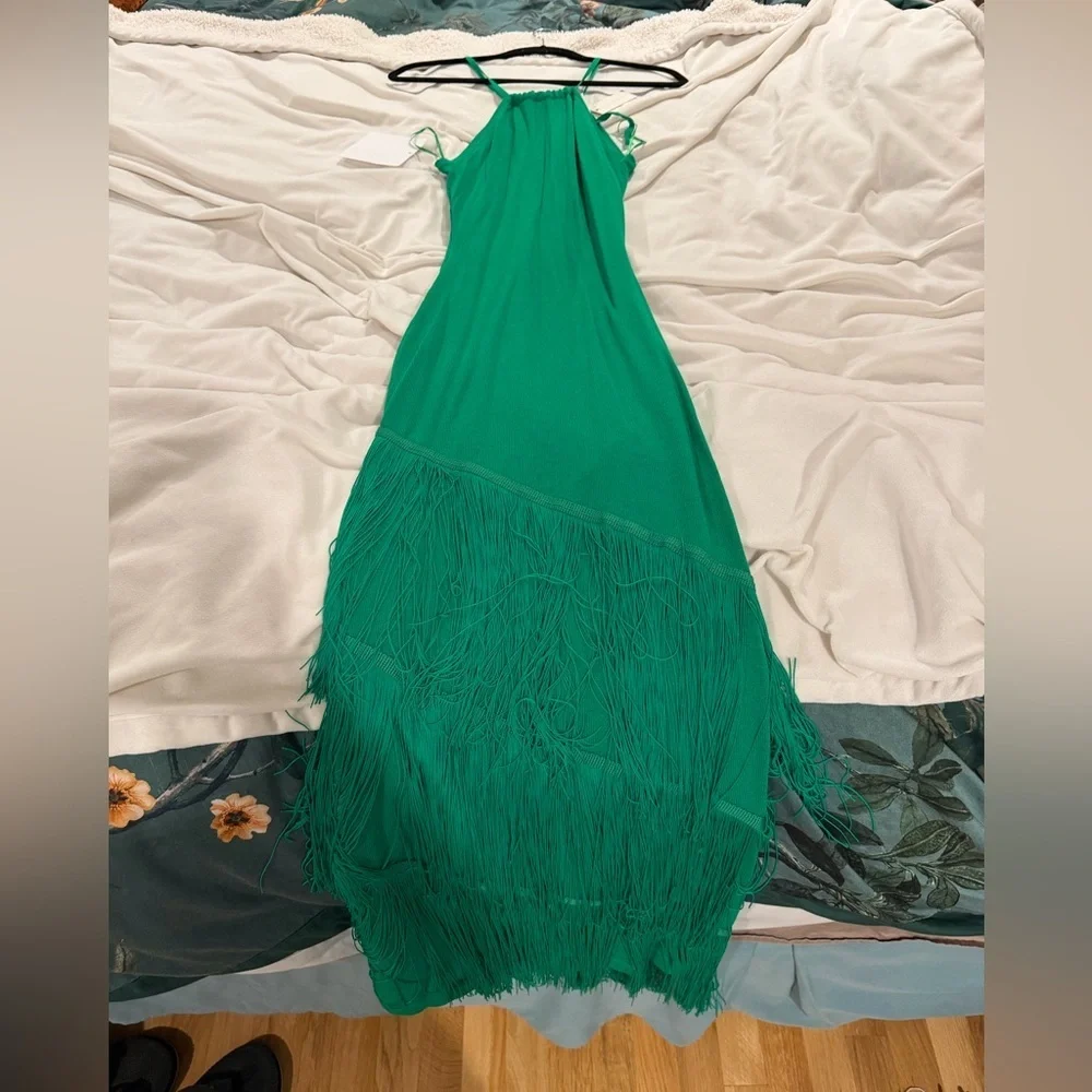 NWT Free People Elexiay Lokoja Green Fringe Halter Maxi Dress Small